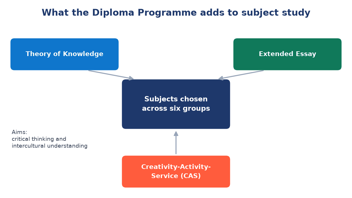 Diagram of the IB Diploma Programme: Theory of Knowledge, Extended Essay and Creativity-Activity-Service all feeding into subjects chosen across six groups