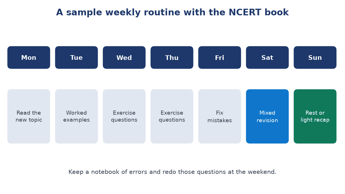 Seven-day study grid: read the new topic, worked examples, two days of exercise questions, fixing mistakes, mixed revision on Saturday and rest or light recap on Sunday