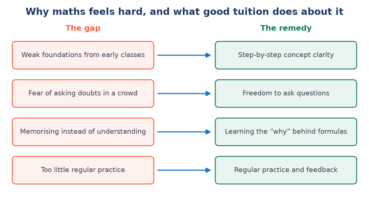 Diagram pairing four causes of maths difficulty with remedies, such as weak foundations leading to step-by-step concept clarity and too little practice leading to regular practice and feedback