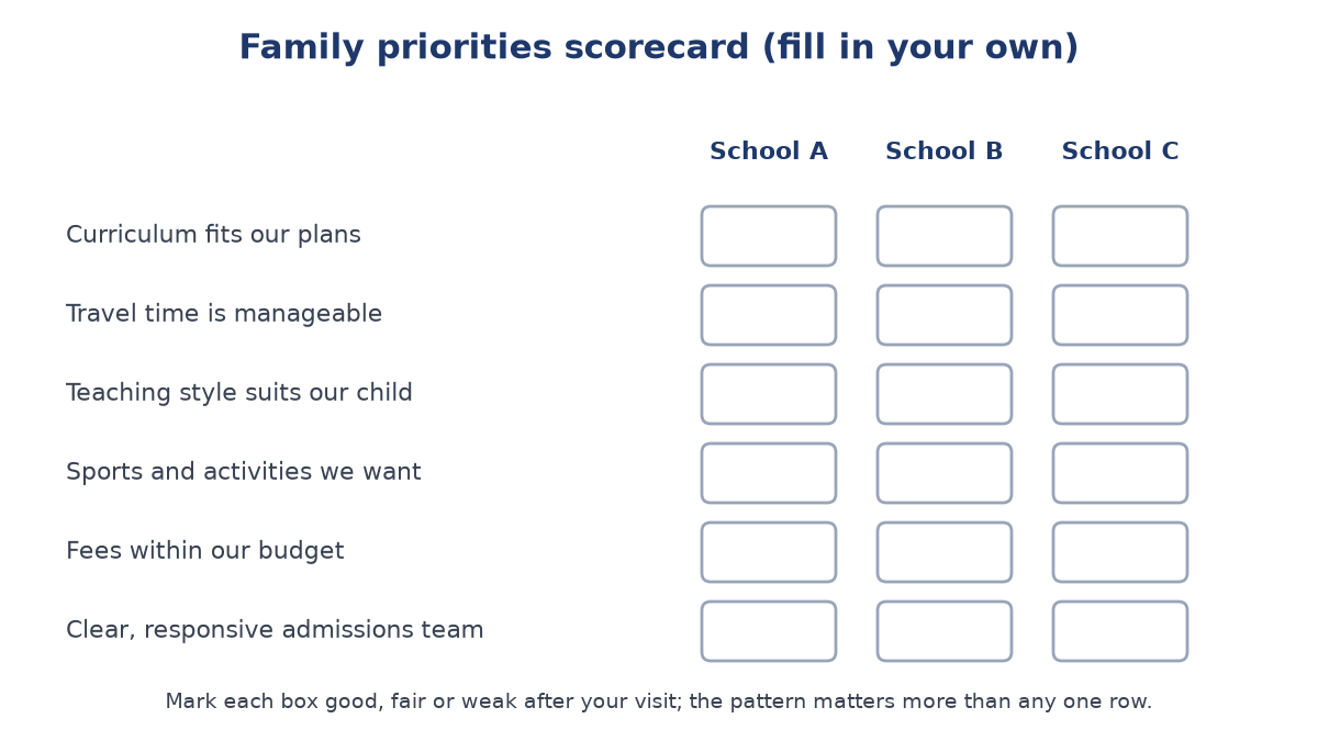 Blank family scorecard with six priorities such as curriculum fit, travel time and fees, and empty boxes to rate School A, School B and School C