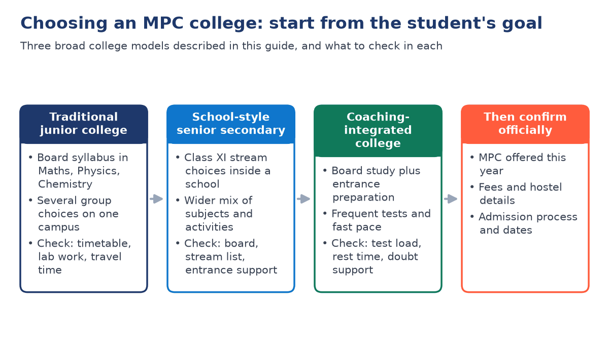 Four cards: traditional junior college, school-style senior secondary and coaching-integrated college, each with what to check, then a card on confirming MPC, fees and admission