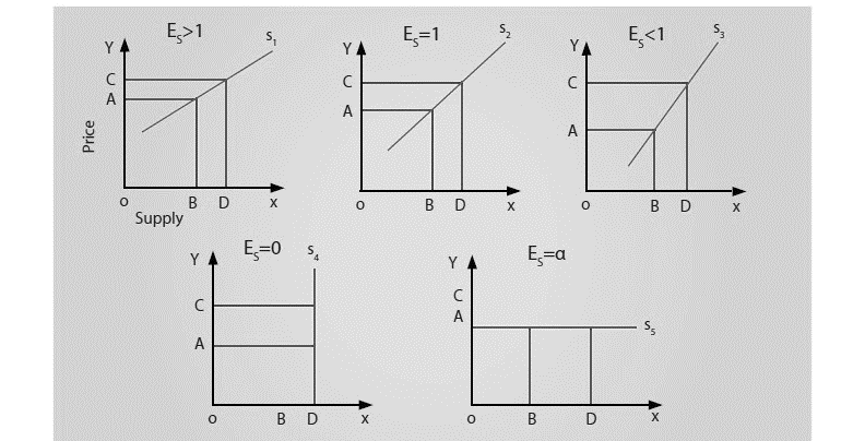 Five supply curves showing elasticity of supply: Es greater than 1, equal to 1, less than 1, zero (vertical) and infinite (horizontal)