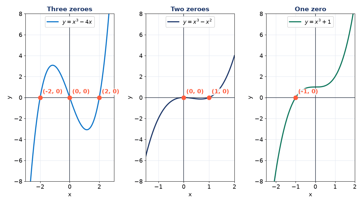 Three cubic graphs: y = x^3 - 4x meets the x-axis at -2, 0 and 2; y = x^3 - x^2 touches at 0 and crosses at 1; y = x^3 + 1 crosses only at (-1, 0)