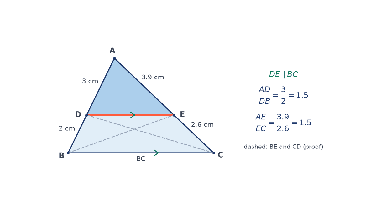 Triangle ABC with DE parallel to BC; AD 3 cm, DB 2 cm, AE 3.9 cm, EC 2.6 cm, both ratios 1.5; dashed segments BE and CD used in the proof