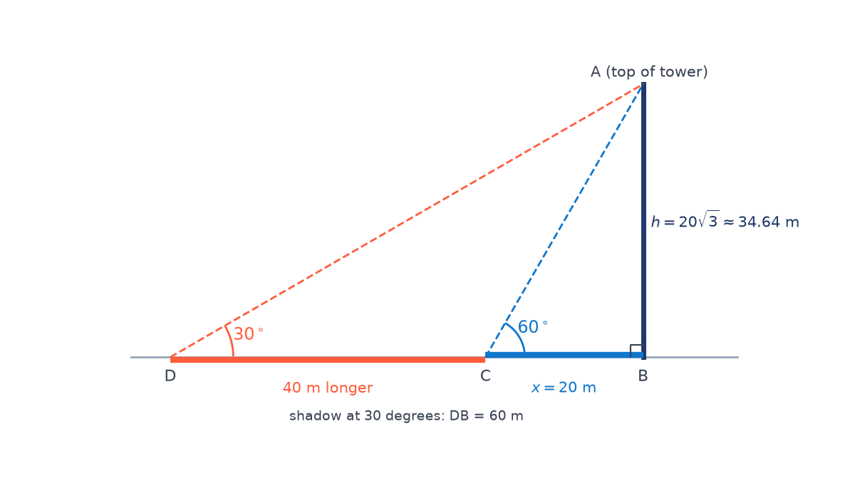 Scale drawing: tower AB of height 20 root 3, about 34.64 m; shadow BC = 20 m at a 60 degree sun; shadow BD = 60 m at a 30 degree sun; CD = 40 m.