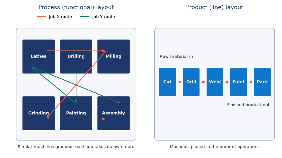 Schematic comparing a process layout, with six grouped departments and two jobs crossing between them, and a product layout of five stations Cut, Drill, Weld, Paint, Pack in a line