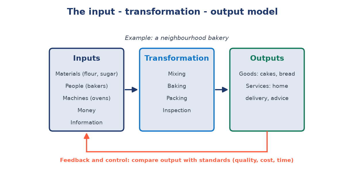 Three boxes linked by arrows: inputs (flour, bakers, ovens, money, information), transformation (mixing, baking, packing), outputs (cakes, delivery), with a feedback loop