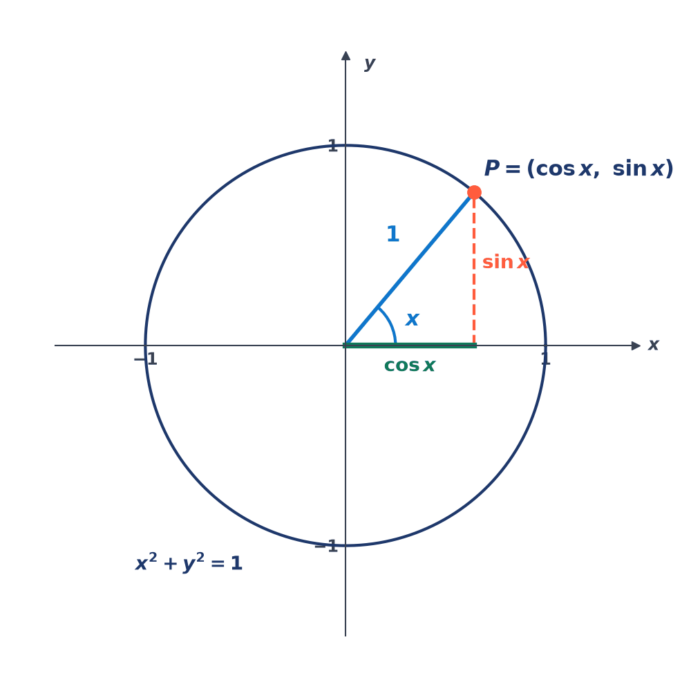 Unit circle x squared + y squared = 1 with a radius at angle x from the positive x-axis meeting the circle at P = (cos x, sin x); the horizontal leg is cos x and the vertical leg sin x.