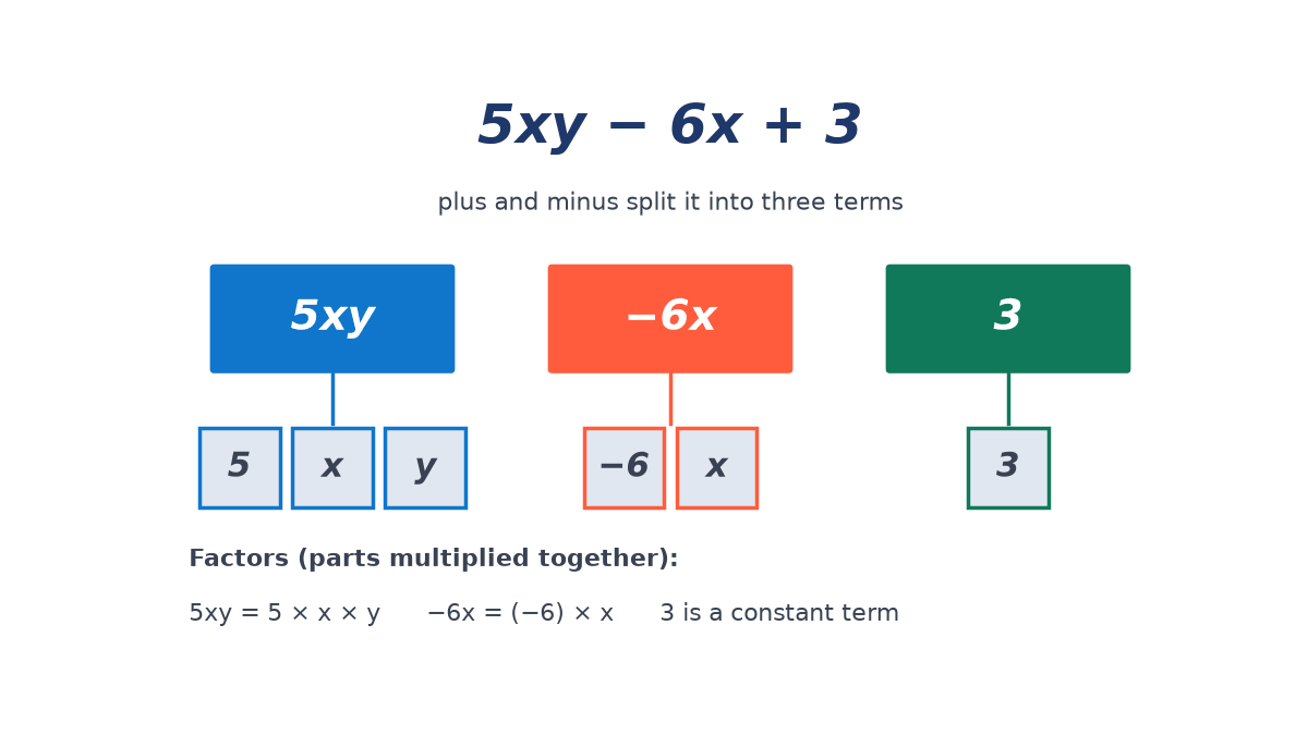 The expression 5xy minus 6x plus 3 split into three coloured term boxes, 5xy, minus 6x and 3, each branching into its factors: 5, x, y; minus 6, x; and 3.