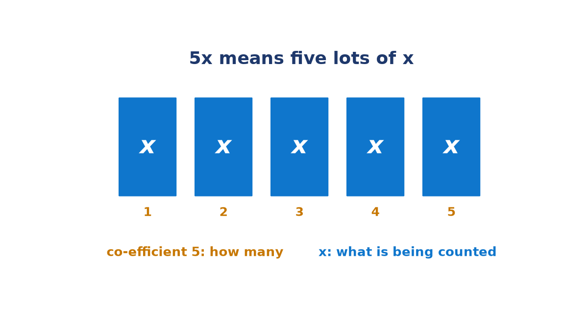 Five blue tiles each labelled x and numbered 1 to 5, with the note that the co-efficient 5 says how many and x is what is being counted.