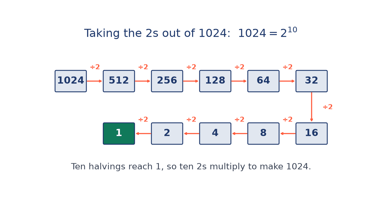 Chain of boxes 1024, 512, 256, 128, 64, 32, 16, 8, 4, 2, 1 joined by arrows marked divide by 2, showing ten halvings, so 1024 equals 2 to the power 10.