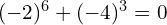 (-2)^6 + (-4)^3 = 0