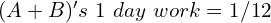 (A+B)'s\ 1\ day\ work = 1/12